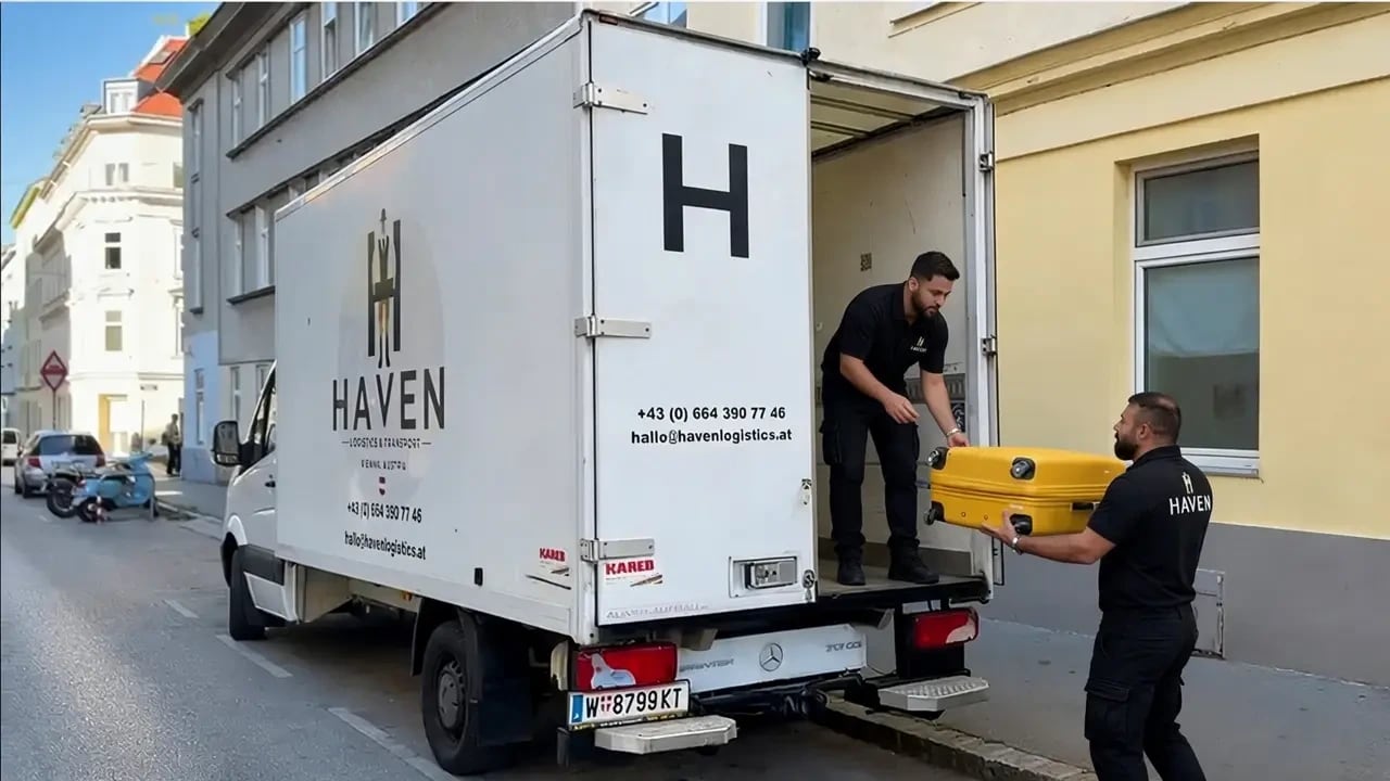 Zwei HAVEN-Helfer laden einen Koffer in den Sprinter vor einem Wiener Wohnhaus