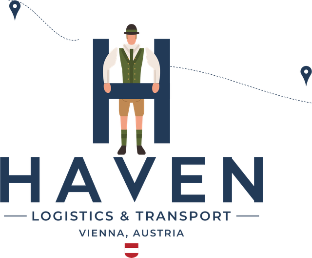 Das HAVEN-Logo: eine Figur in Tracht trägt den Querbalken des H, darunter HAVEN Logistics & Transport, Vienna, Austria